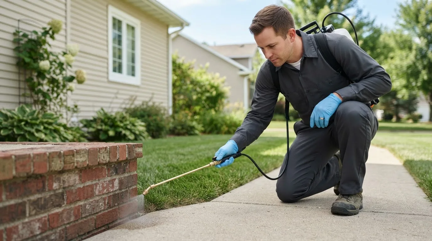 Pest control technician treating a home near Renick, WV