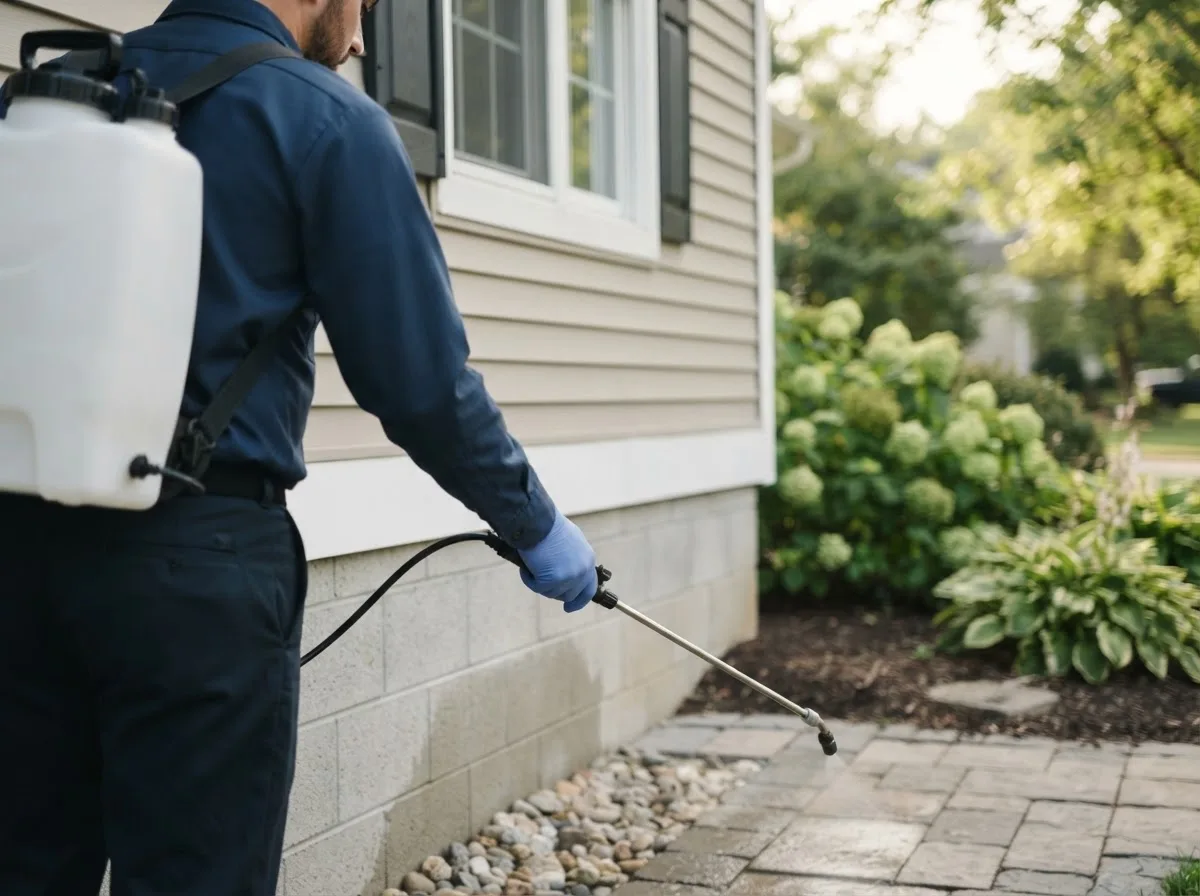 Pest control technician inspecting a home in Renick, WV